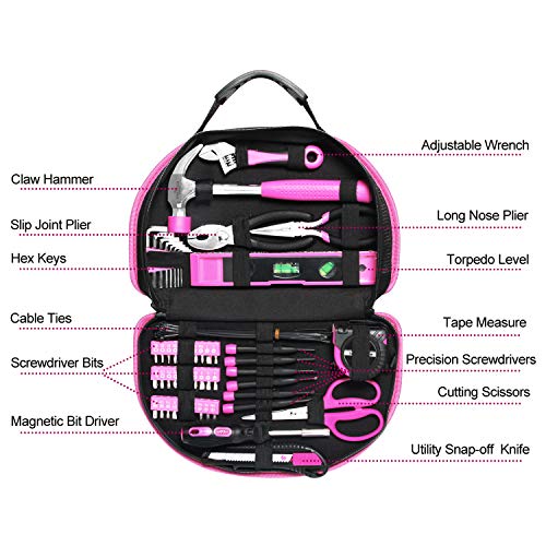 89 Piece Pink Tool kit, Ladies Hand Tool Set with Easy Carrying Round Pouch Household Tool Kit Perfect for DIY, Home Maintenance and Dorm Repair