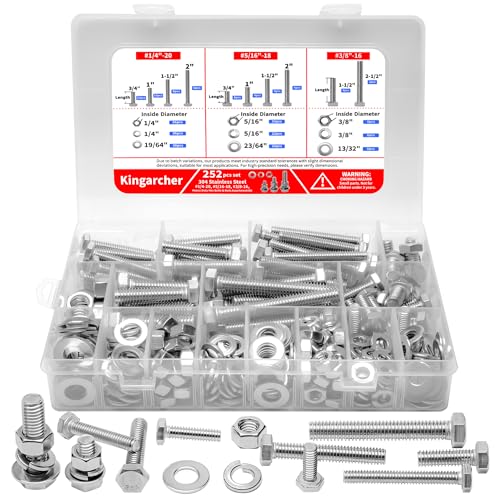 Kingarcher 252Pcs Hex Bolts and Nuts Assortment Kit, 1/4 20 5/16 18 3/8 16 Inch, 304 Stainless Steel 18-8 Assorted Bolts Nuts Flat Washers Hardware Kit, Screw Nut and Bolt Organizer, 3/4" to 2-1/2"
