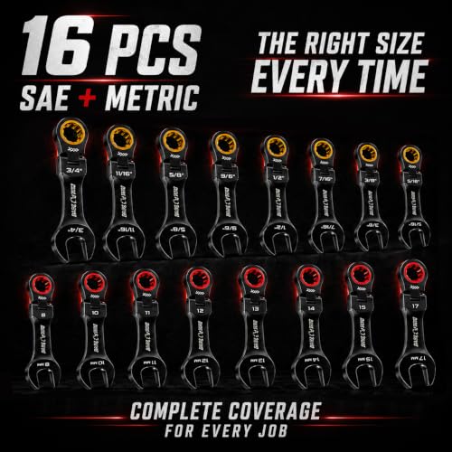 16PCS Stubby Flex Head Ratcheting Wrench Set, SAE & Metric Combination Wrenches, 72-Tooth Short Handle Ratchet Spanner Set for Tight Spaces, Auto Repair & Garage Maintenance, 8-17mm & 5/16"-3/4" - size: 16-Pcs Stubby