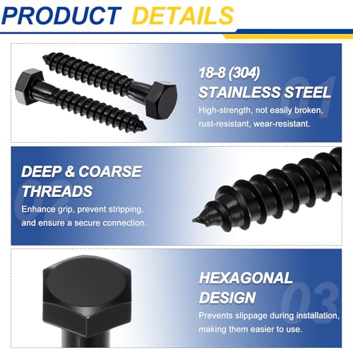 10 Pcs Hex Head Lag Screws 3/8"x2" SS 18-8 (304) Lag Bolts - color: Black, size: 3/8"x2"