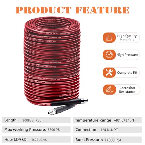 200FT Sewer Jetter Kit for Pressure Washer, 5800PSI Drain Cleaner Hose - color: Red-200FT hose