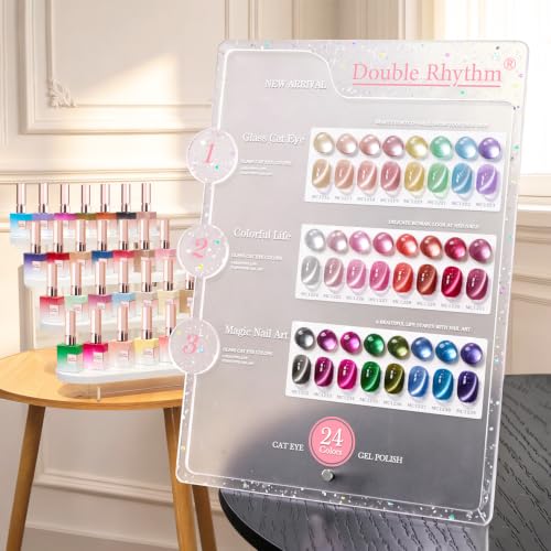 Double Rhythm 28Pcs 0.5Oz Glass Cat Eye Gel Nail Polish Set Same Color Same Bottle Magnetic Jelly Gel Polish Kit Nail Art Manicure Salon DIY at Home (Nude Pink Blue Green-T24-10) - color: Magnetic Red Pink Silver