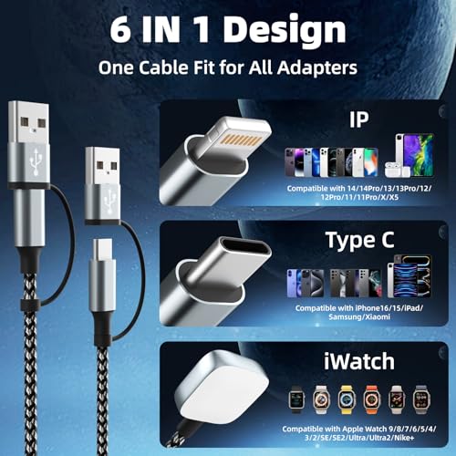 Travel Essentials 3 in 2 Multi Charging Cable for iWatch Charger/IP/USB-C - color: Greyiwatch, size: 1Pack 5FT