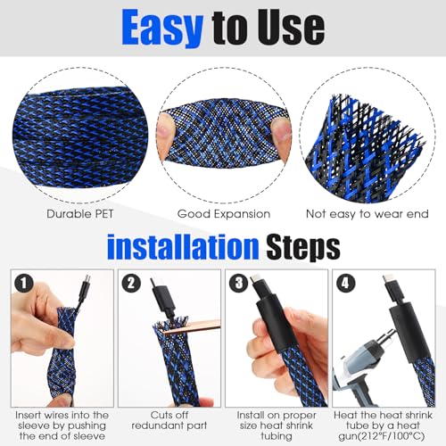 Tatuo 65.6 ft Braided Cable Sleeve Expandable Wire Sheathing(Blue, Black) - color: Blue, Black, size: 65.6 ft