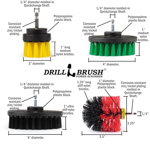 Drillbrush Multipurpose Cleaning Brush Set - Grout, Tile, Shower, Brick - color: White, Yellow, Green, Red, Black