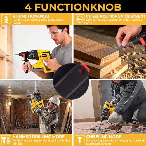SDS-Plus Cordless Rotary Hammer Drill Compatible with DeWalt 20V MAX Battery (Tool Only), Hammer Drill for Concrete with 4 Functions, Rotomartillo Brushless Motor Includes 5 Drill Bits, 2 Chisels