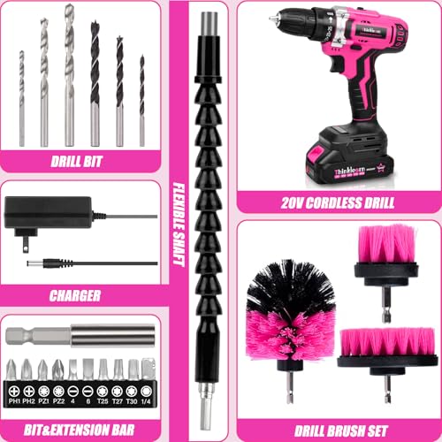 20V Pink Cordless Drill Set - Power Drill/Driver Kit with Drill Brush