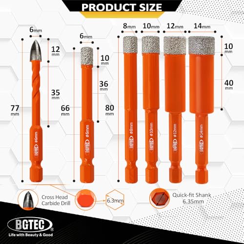 BGTEC Dry Diamond Drill Bits Set- Tile Drill Bit 1/4" 5/16" 3/8" 1/2" 9/16" with Quick Change Hex Shank and 1/4" Carbide Drill for Granite Marble Porcelain Ceramic，6pcs - size: Set 3