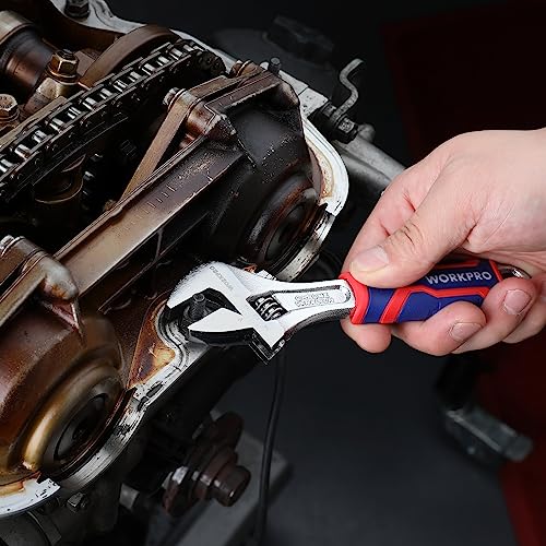 WORKPRO 6-Inch Adjustable Wrench, Wide Jaw, Metric/SAE Scales | Rubber Anti-Slip Grip, Premium Cr-V Steel, Chrome-Plated Finish for Strength and Corrosion Resistance - size: 6 inch