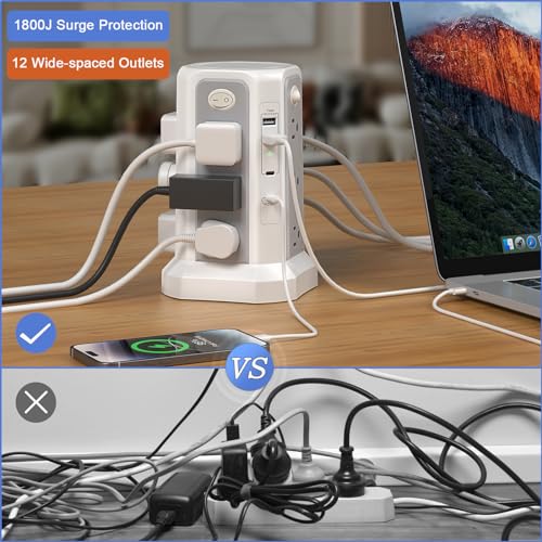 Surge Protector Power Strip Tower (13A 1625W) 10FT with PD20W USB C Port - style: White Gray-13A-2A2C
