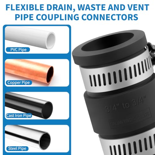 Flexible PVC Pipe Coupling with Stainless Steel Clamps Fit 1 IN Nominal Pipes, Couplers for Plastic and Copper Pipe Plumbing Connections, Drain Repair, Dust Hose (2, 3/4 in) - size: 3/4 in