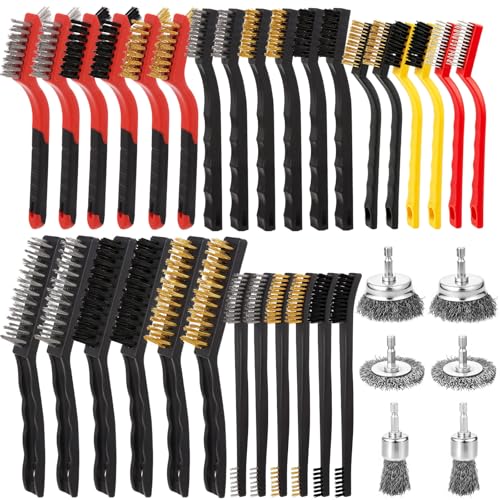 36 Pcs Wire Brushes for Cleaning Stainless Steel/ Nylon/ Brass Metal Brush Set with Curved Handle Grip Carbon Steel Wire Wheel for Drill Grinder Wire Brush for Rust Paint and Dirt Removal