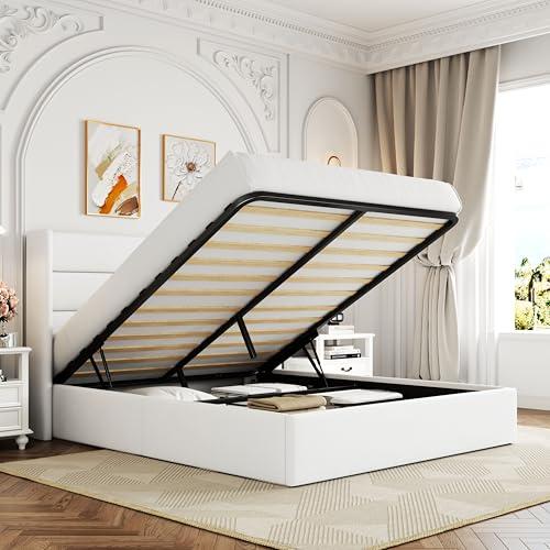 Allewie Queen Size Lift Up Hydraulic Storage Bed Frame White - color: White, size: Queen, style: Modern