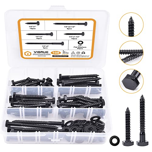 1/4" Hex Lag Bolts Stainless Steel 18-8 (304), VIGRUE 108PCS Black Oxidized, Hex Lag Screws Heavy Duty Wood Screws Washers Assortment Kit, Length Include 1" 1-1/2" 2" 2-1/2" 3"