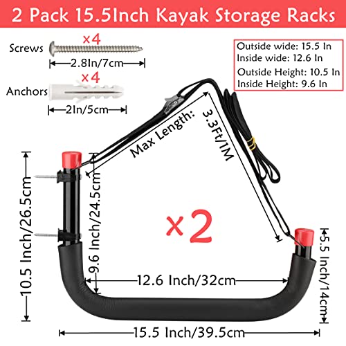 Heavy Duty Garage Storage Hooks, Wall Mount Kayak Storage Racks, Hangers with Lashing Straps, Holds Up to 100lbs - size: 15.5in-2 Pack