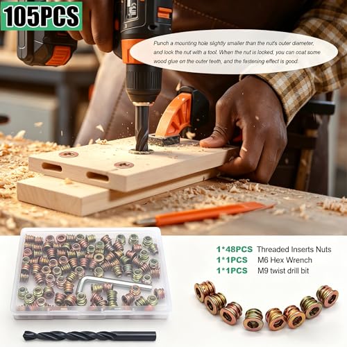 Twidec/105PCS 1/4"-20 Threaded Inserts for Wood Furniture Screw-in Nut Wood Inserts Bolt Assortment Kit with M6 Hex Wrench (1/4"-20 x10mm) N-059-1/4x10 - size: 1/4"-20 x 10mm (105 PCS)