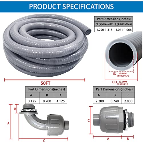 1inch 50ft Electrical Conduit Kit,Liquid-Tight Conduit and Connector - size: 1IN,50FT
