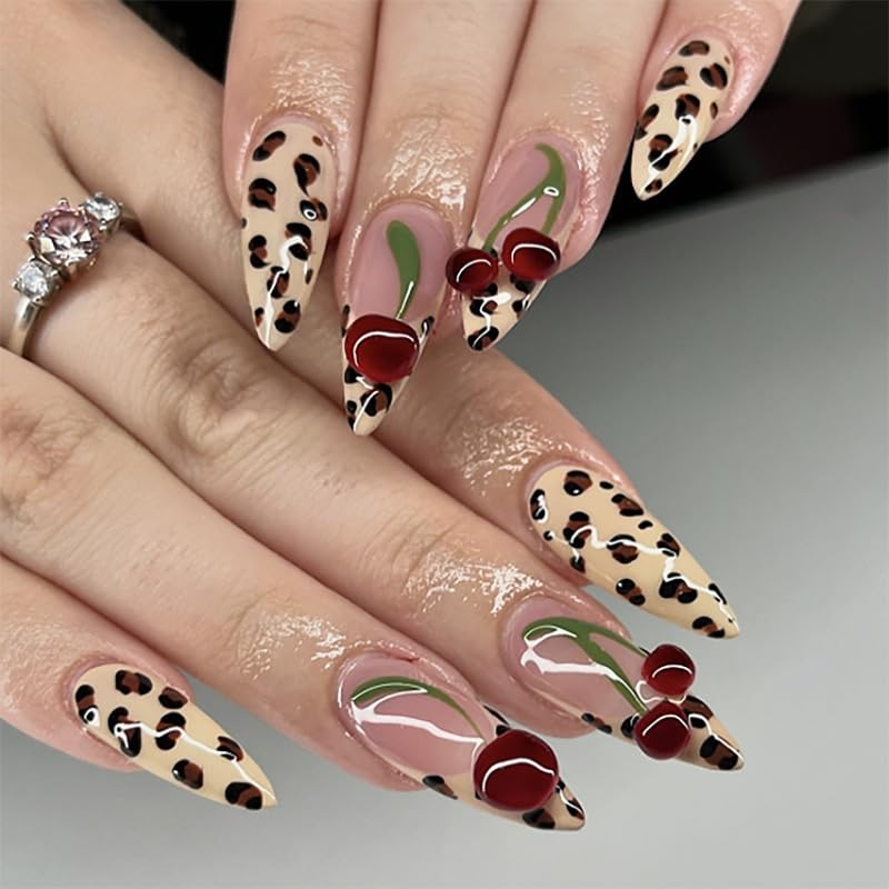 Spring & Summer 3D Cherry Leopard Print Press On Nails, Medium Almond Cheetah French Tip, Salon Quality Designer Reusable Acrylic Fake Nails, Stylish for Women’s Daily Wear & Birthday Parties - color: LF-3688, size: 24 Pieces (Pack of 1)