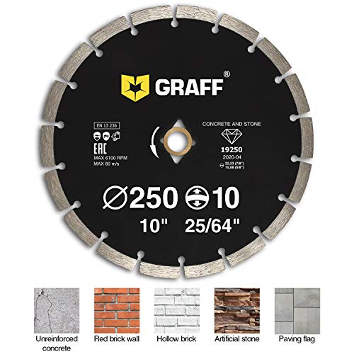 10 Inch Diamond Blade for Angle Grinder — Diamond Cutting Wheel for Cutting Stone, Marble, Granite, Brick, Masonry, Paving Flag, Concrete — Diamond Saw Blades Segment Height 0.394” (10 mm) — GRAFF - size: Ø 10 Inch Segment, style: Diamond Segment Blades