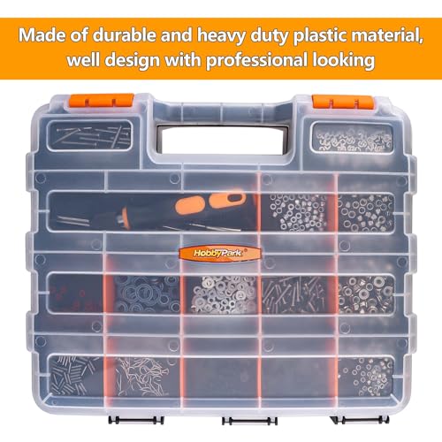 HobbyPark RC Hardware Organizer Box Adjustable Compartments Removable Dividers Durable Plastic Double Side Tools Box Screw Organizer For Nuts, Bolts, Screws, Nails, Small Parts, Tools - size: 12.75" x 10.63" x 3.15"