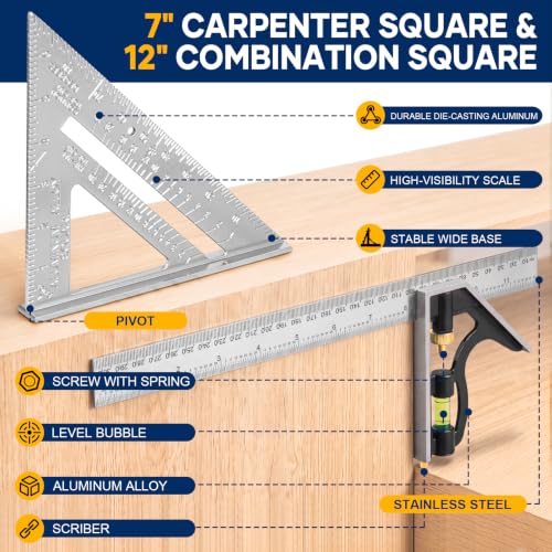 Combination Square 12 Inch and 7 Inch Carpenter Square Tool Set | Aluminum Rafter Square for Framing, Adjustable Combo Square with Stainless Steel Ruler for Carpentry and Woodworking