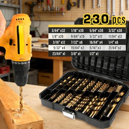 230 Pcs Drill Bit Set, 135°Tip High Speed Steel for Wood, 3/64"-1/2"