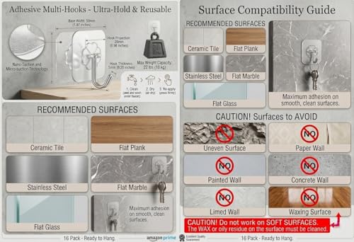 Adhesive Wall Hooks, Clear, Plastic, Heavy Duty, 16 Pack