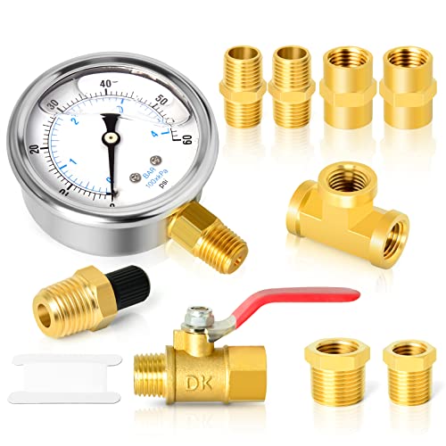 GASHER 10PCS Pipe Fitting Kit, Brass, 1/4" - 1/8" & 3/8" - 1/4" Fittings, T Fitting, Ball Valve, Pressure Gauge 0-60PSI - style: Pressure Gauge Kit（10Pcs）