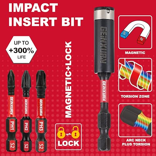 GEINXURN Anti-Slip Hex Impact Tough Magnetic Screwdriver Bits Set 2 in. PH1/PH2/PH3 Insert Driver Bits,40Pack 1/4 Inch Hex Shank Phillips Cross Screwdriver Bits Set with 1Pcs Impact Bit Holder - size: 41pcs-2“