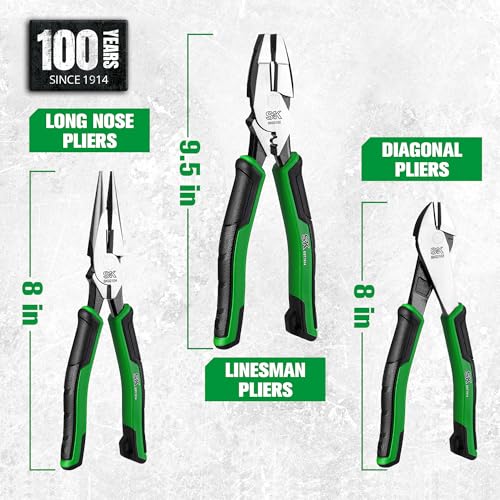 SK Pliers Set, 9.5'' Linesman, 8'' Diagonal & Needle Nose Pliers, 3-Piece - style: 3-Piece Pliers Set
