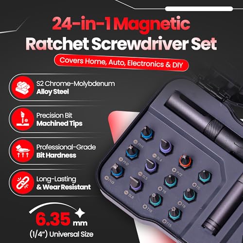 24 in 1 Magnetic Ratchet Screwdriver Set, Magnetic Screwdriver Set with Multi-Bit Ratcheting Handle & Bit Magnetizer, Compact Repair Tool Kit with Storage Case for Furniture, Computer, Bicycle and DIY - size: 24 in 1