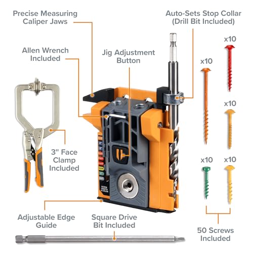 BORA Automatic Pocket Hole Jig Kit with 3in Face Clamp 50pc Screws - size: Mini Jig w/ Clamp