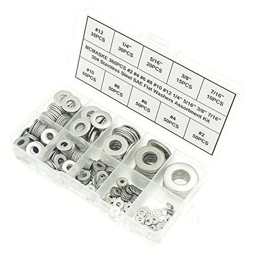 360PCS #2 to 7/16" 304(18-8) Stainless Steel SAE Flat Washers Assortment Kit,for #2#4#6#8#10#12 1/4" 5/16" 3/8" 7/16" Screws/Bolts