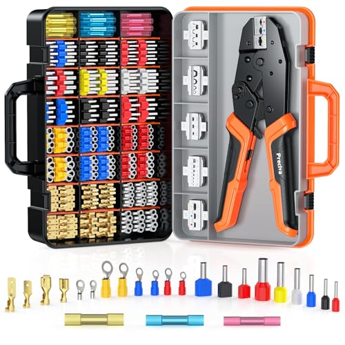 Preciva 6 PCS Crimping Tool Set with 395 PCS Connectors, Ratcheting Wire Crimper Tool for Heat Shrink,Insulated Connectors,Open Barrel,Circlip Terminals,Tube Terminals,Solar - size: 395