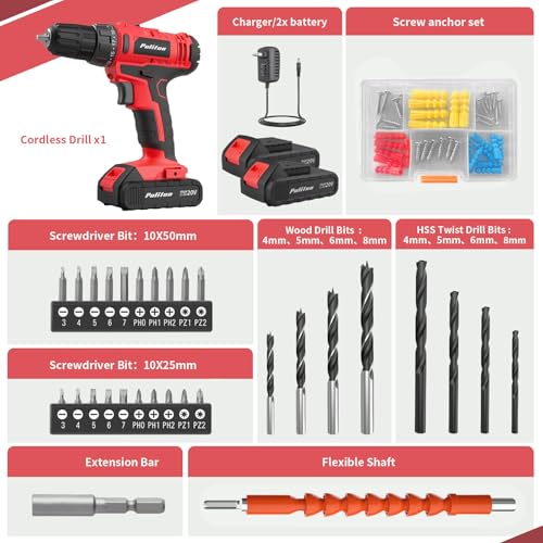 PULITUO 20V Cordless Drill/Driver, 2 Batteries Electric Screwdriver, 30Nm Power Drill Driver, 21+1 Torque, 2 Speed, 3/8"Keyless Chuck, power Drill with LED Light, Drill Driver Kit for Home (Red) - style: 20V Drill (Red)- double