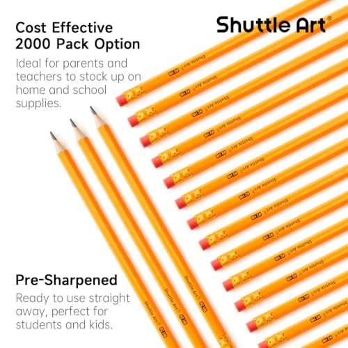 Shuttle Art 2000 Pack #2 HB Pencils Pre-Sharpened, Bulk Pencils with Erasers