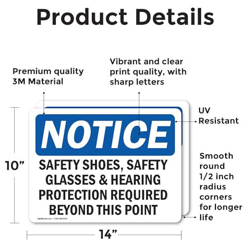 (2 Pack) Safety Shoes Safety Glasses & Hearing Protection OSHA Notice Sign 14 Inch X 10 Inch Vinyl Label Decal Sticker Weather Resistant, UV Protected for Workplace, Business, and Construction Site, Made in the USA - size: 14 Inch X 10 Inch, style: Vinyl