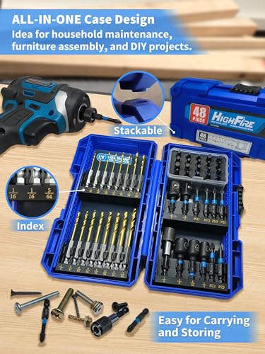 HIGHFIRE 48PCS Impact Screwdriver Bit and Drill Bit Set for Wood Metal Drilling & Screw Driving, Full Combo Kit Assorted in Index Carrying Case - size: 48pcs