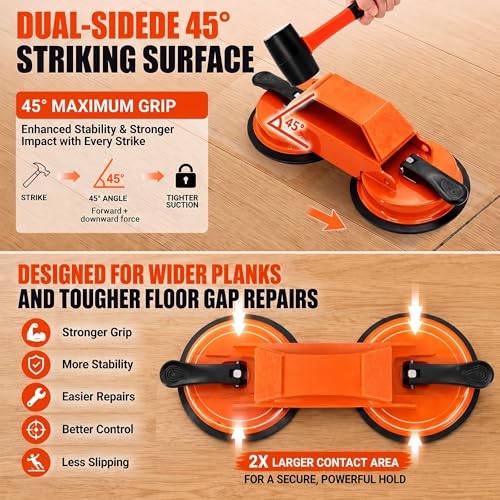 Floor Gap Fixer Tool: Flooring Repair Tool with 45° Striking Surface & Dual Suction Cups for Laminate & Vinyl Plank Floors Gap Puller Kit with Rubber Mallet, 8 Reusable Sticky Pads & Scraper