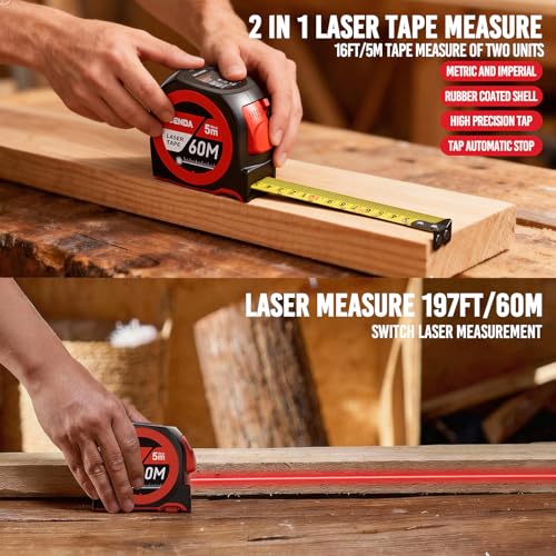 SENDA 3-in-1 Laser Tape Measure - 197Ft Rechargeable Laser Measuring Tape with Led Display & 16Ft Measuring Tool with Magnetic Hook & Auto Lock -20 Data Sets,Pythagorean/Area/Volume,Ft/Ft+in/in/M Unit - color: Red(USB-C Charge), size: 197 FT