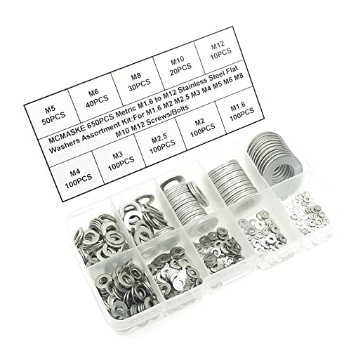 Metric M1.6 to M12 Flat Washers Assortment Kit,304 Stainless Steel,for M1.6 M2 M2.5 M3 M4 M5 M6 M8 M10 M12 Screws/Bolts