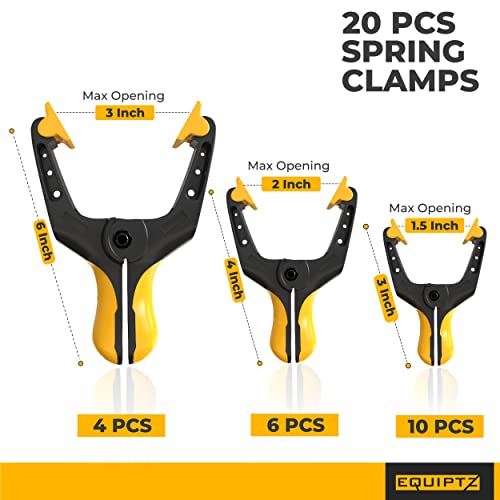 EQUIPTZ Spring Clamps for Woodworking, Crafts, Backdrop and Pool Cover, 20-Pack Spring Clamp Set with 4 Pcs of 6-inch, 6 Pcs of 4-inch & 10 Pcs of 3-inch Clamps, Extra Wide & Non-Detachable Jaw Pads - size: All Sizes Pack