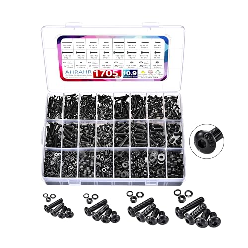 1705 Pcs Machine Screw Assortment Kit, M2 M3 M4 M5 Metric Bolts and Nuts Kit with Lock and Flat Washers, Hex Button Head 10.9 Alloy Steel Cap Screw Set with Allen Wrench - color: Black-Hex Socket Button Head 1705 Pcs
