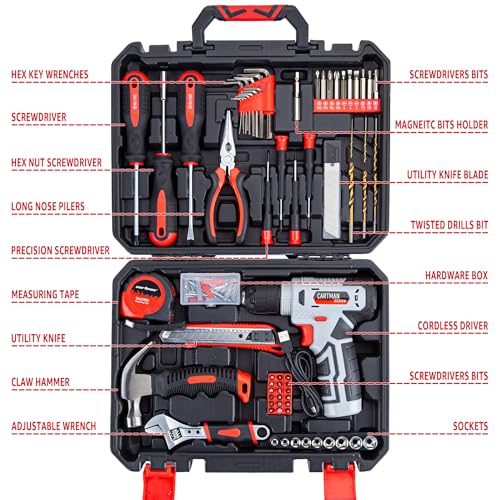 CARTMAN 150-Piece 8V Cordless Drill Hand Tool Set, Red Household Repair Kit - color: Red
