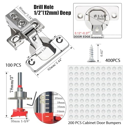 BESTEEL 100 Pack 1/2 inch Overlay Soft Close Cabinet Door Hinges for Kitchen Cabinet Hinge, 100 Degree Opening Angel, Stainless Concealed Kitchen Cabinets Hinge Self Closing with Drilling Tool &Manual - size: 100 PCS