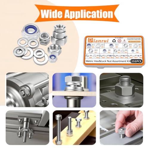 Dianrui 252PCS Metric Hexnut & Locknuts Assortment Kit with Flat Washer, Nuts and Washers Set 304 Stainless Steel (M3/ M4/ M5/ M6/ M8/ M10/ M12) Hardware Nuts-7 Sizes - size: 252PCS Metric Hex&Lock Kit