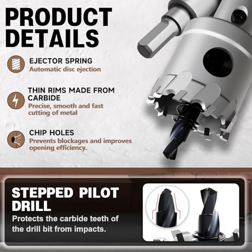 Metal Hole Saw 1-5/8''(41mm) 2Pcs Set Heavy Duty Tungsten Carbide Tipped Hole Cutters Set with a nitrided Step Drill and L-flench, for Steel Iron,Aluminum,Stainless stell,Plastic - size: 1-5/8''(41mm)-2PCS