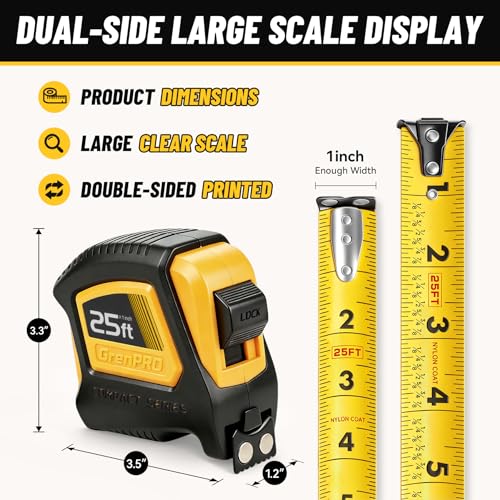 GRENPRO 25FT Magnetic Tape Measure, Double-Sided 1/32", Nylon Coated Blade - color: Yellow