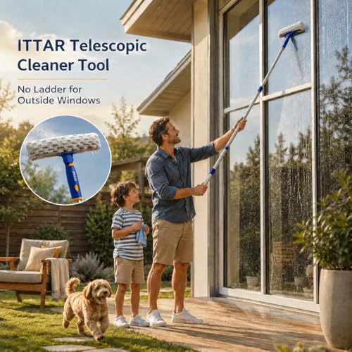 ITTAR Window Squeegee Cleaning Kit with 60" Extension Pole & Rotatable Head - color: Blue&white