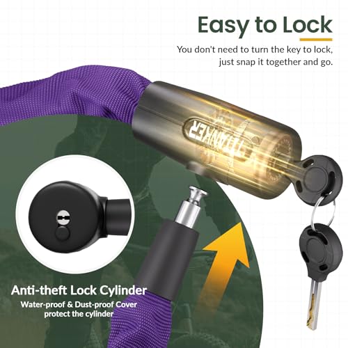 Titanker Bike Chain Lock with Keys, 3.3 Feet Security Heavy Duty Anti-Theft Bicycle Chain Locks for Bike, Motorcycle, Bicycle, Door, Gate, Fence, Grill (6mm, 8mm, 10mm Thick Chain) - color: Purple-8mm Chain
